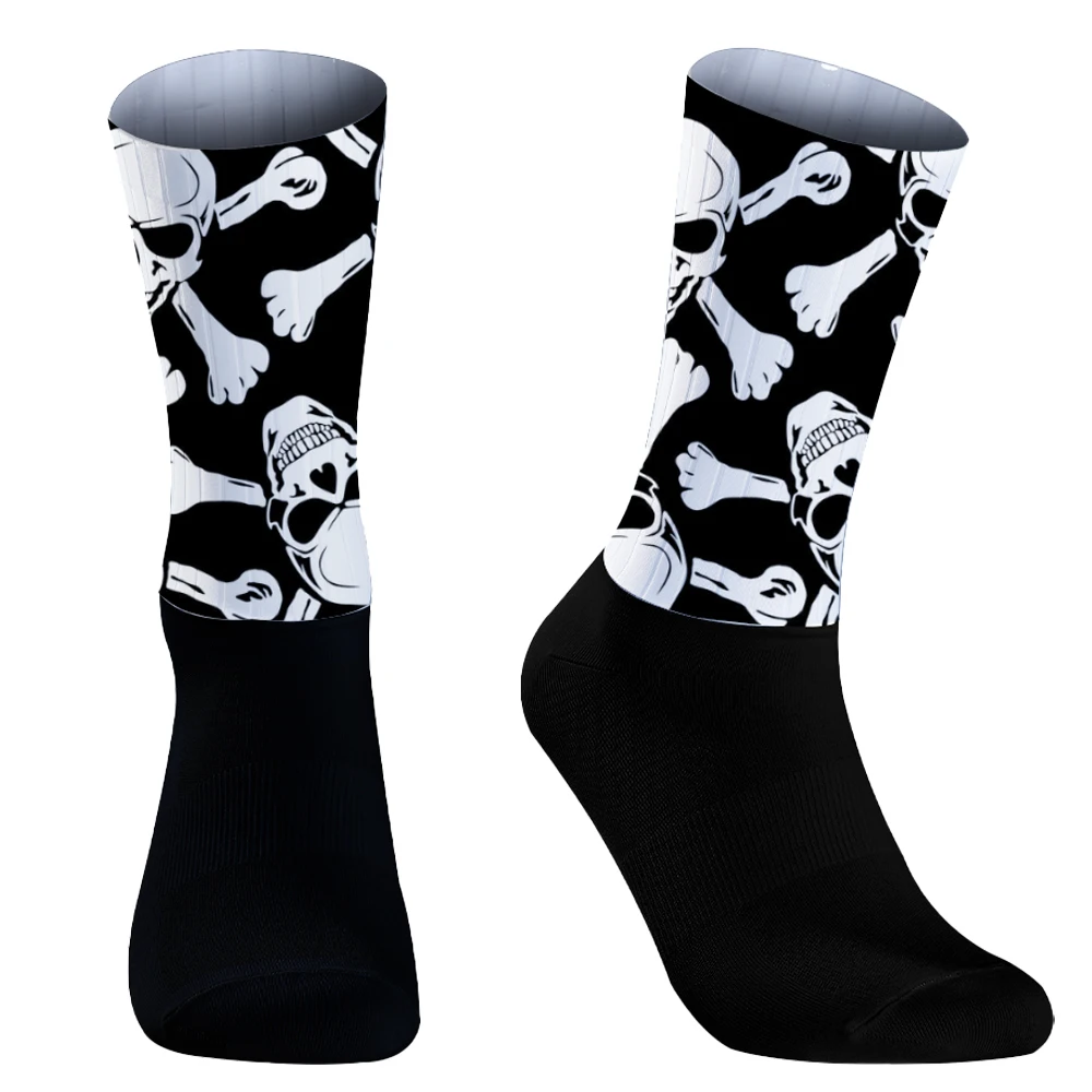 2024 Men Skull pattern Bicycle Sport Running Bike Socks Calcetines Anti Slip Silicone Summer Aero Socks Whiteline Cycling Socks