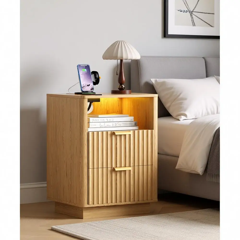 

15 Wide Natural Oak End Table with LED Light, Charging Station, Storage Drawers, and Glass Top