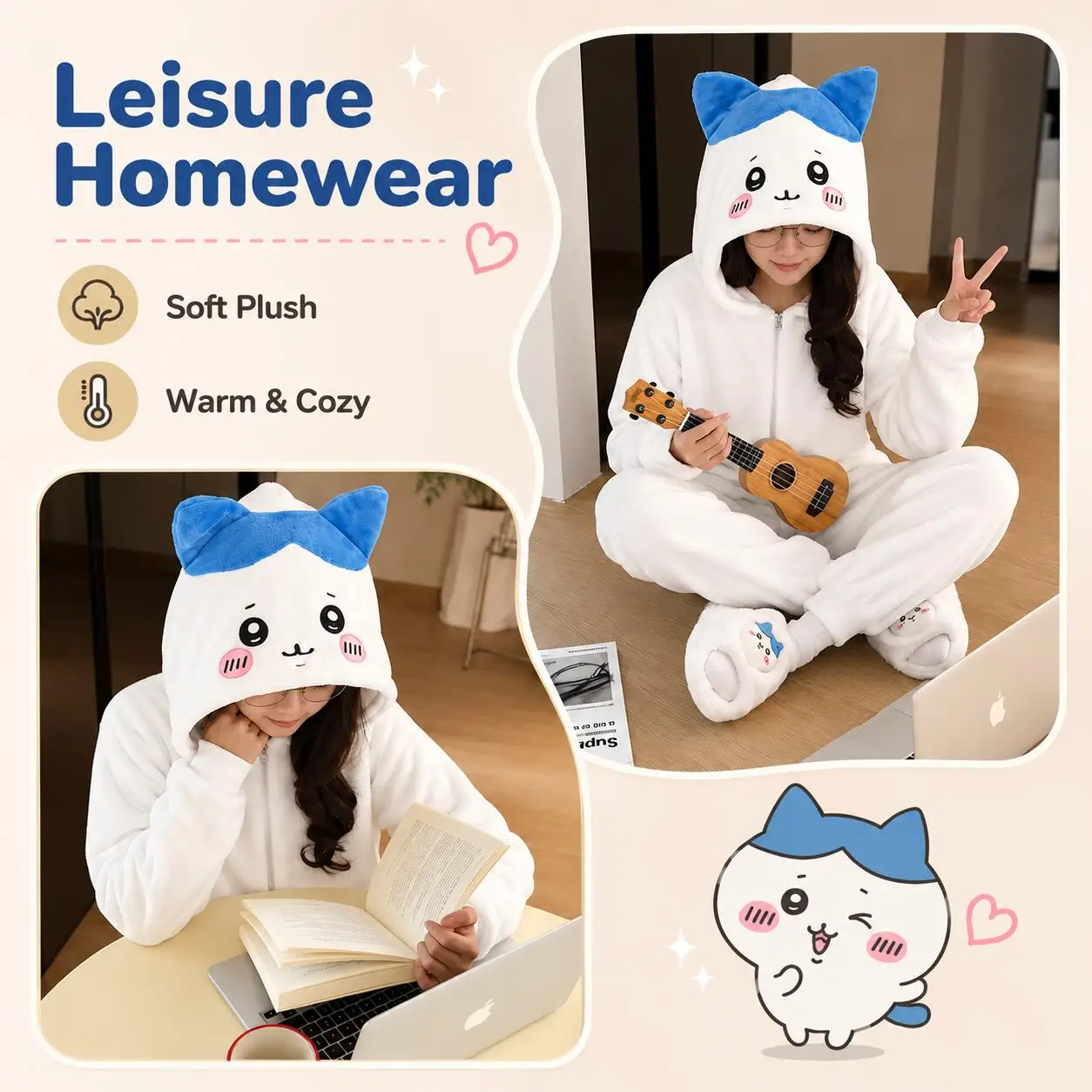 hachiware-chiikawa-kawaii-coral-velvet-pajamas-women-winter-hooded-one-piece-homewear-cartoon-jumpsuit-costume-gift