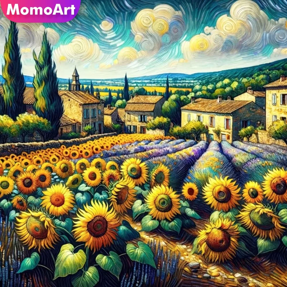 Momoart DIY Diamantmalerei Haus-Landschaft Diamant-Mosaik Bauernhof Kreuzstich-Set Dorf-Stickerei Blumen Handgemachtes Hobby
