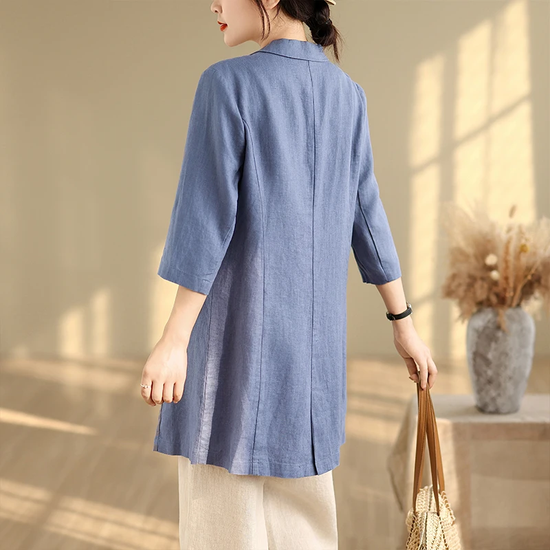 كاجوال Sle قطن كتان ort Sve متوسط الطول للنساء لون أزرق تصميم Blo زر إغلاق لون نقي