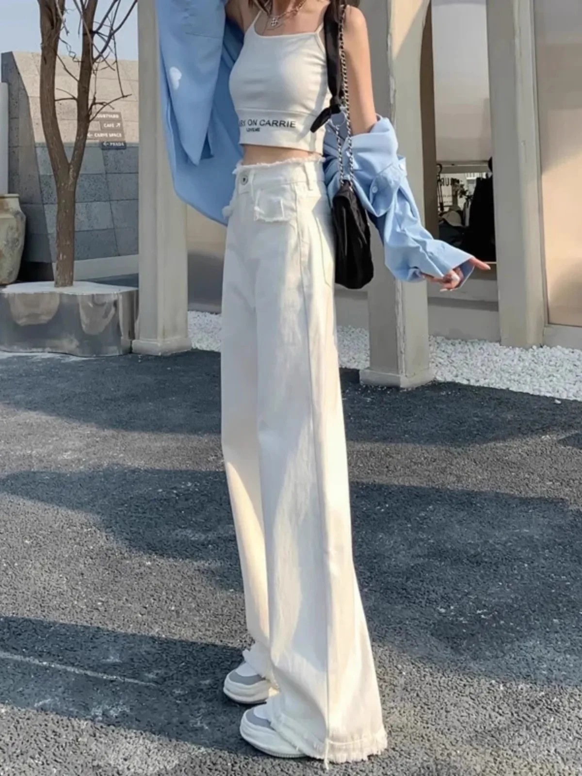 

Белые прямые джинсовые джинсы с высокой талией, женские весенне-летние новые дизайнерские широкие брюки длиной до пола, маленькие ence