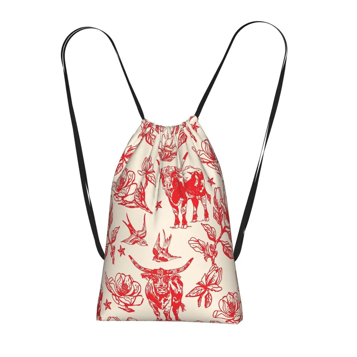 Ox Head Surrounding The Flowers Pattern Backpacks Casual Drawstring Bundle Pocket Sports Bag Book Bags for Man Woman School