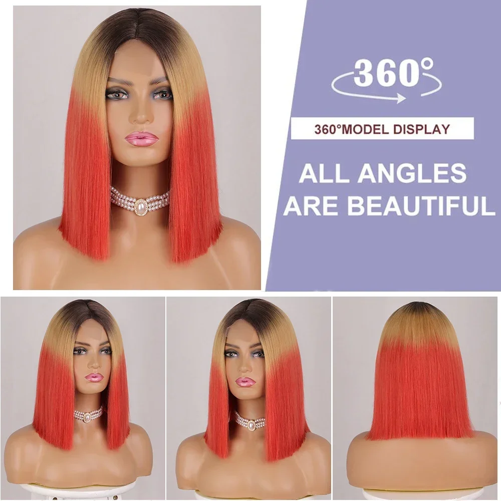 Short Straight Synthetic Bob Peruca de Cabelo Para Mulheres, Ombre, Vermelho, Parte Do Meio Perucas, Falso, Comprimento Do Ombro, Cosplay, 14"