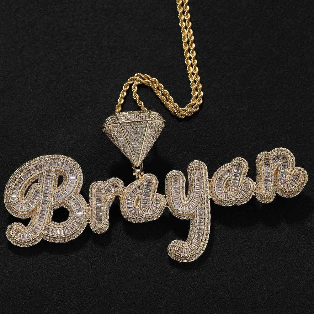 TBTK مخصص الماس الكفالة Baguettecz مخطوطة رسائل اسم قلادة قلادة مثلج خارج تشيكوسلوفاكيا سلسلة قلادة الهيب هوب مجوهرات