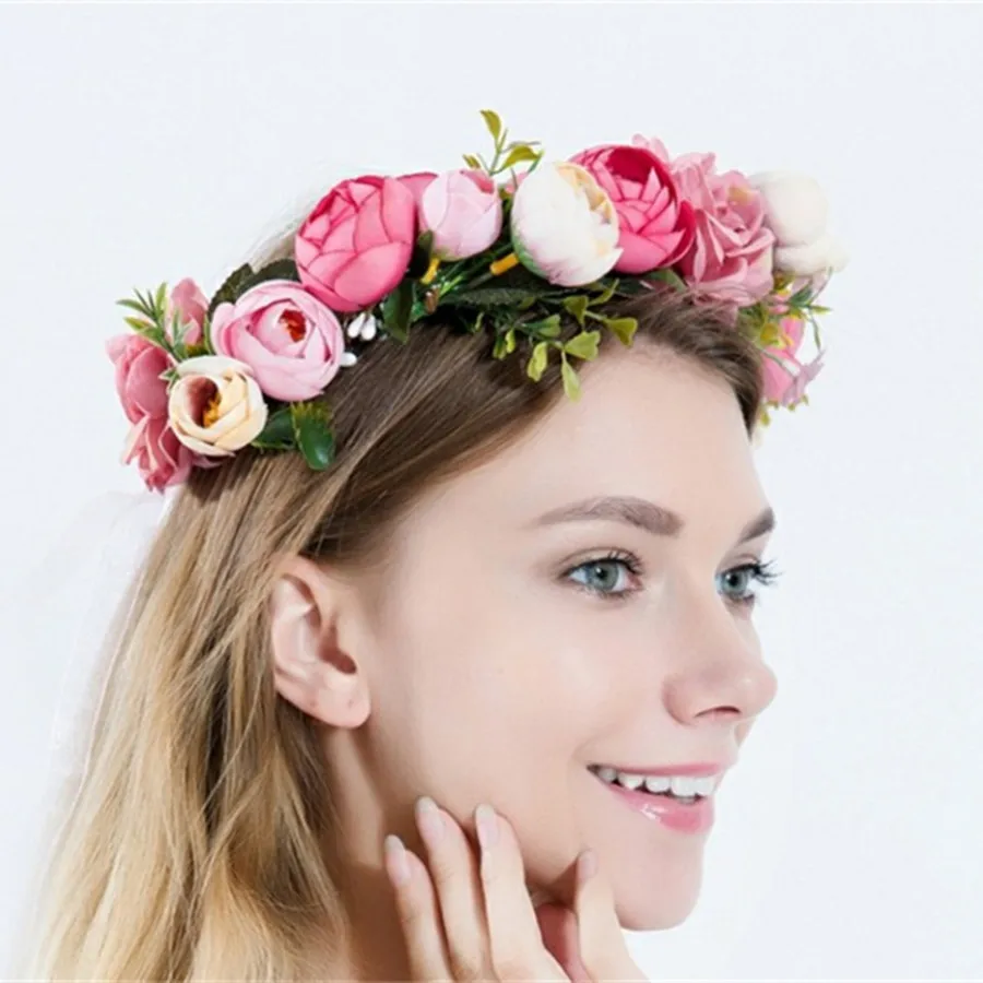 New Spring Bohemian bride Rose Crowns Wreath Beach Hawaii Floral Garland Romantic Faux Rose Wedding Wreaths New Flower Headband