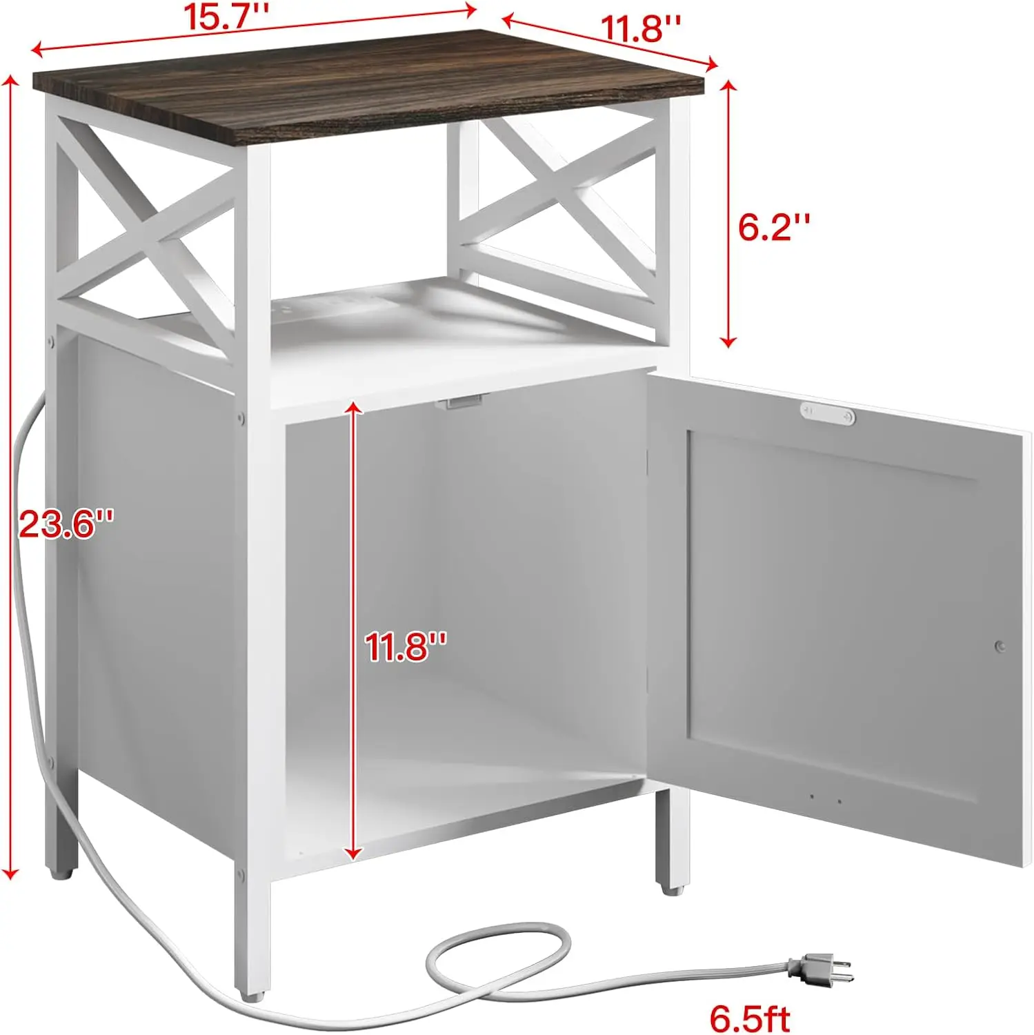 Mesa auxiliar con estación de carga, mesa final con toma de corriente y puertos USB, mesita de noche con espacio de almacenamiento de 2 niveles