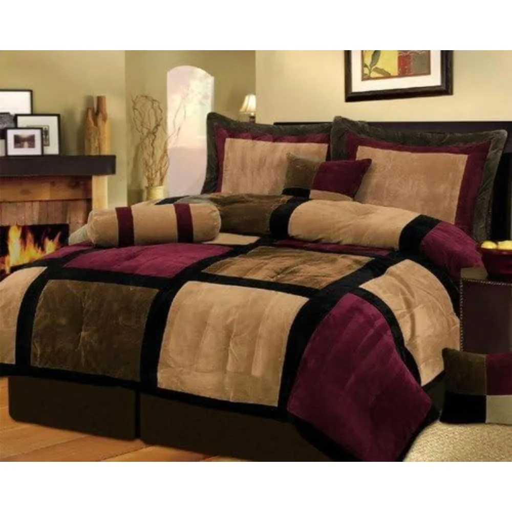 7 Piece Burgundy Brown Black Bed in a Bag Micro Suede Queen Comforter Set with Accent Pillows