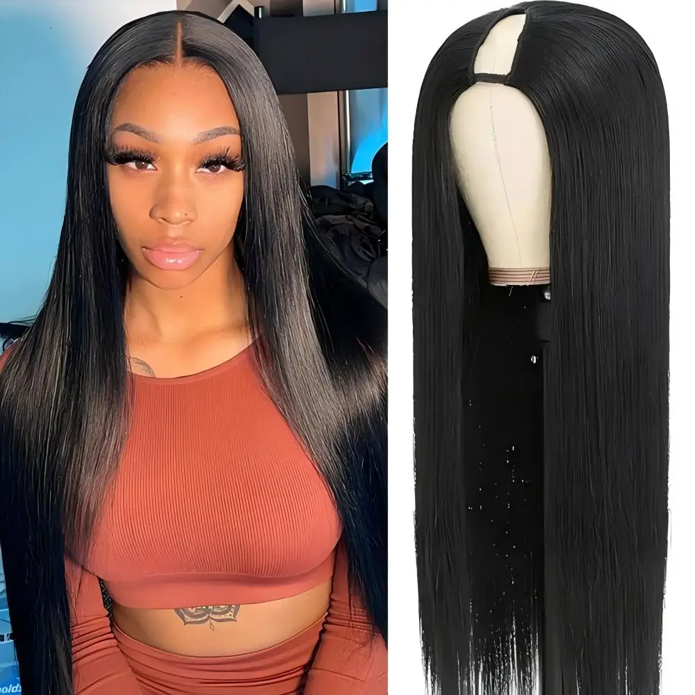 

V-образные парики из человеческих волос, прямые парики V-образной формы для чернокожих женщин, обновление U-образных париков, без заливки, без шитья, без клея, зажим в полупарике