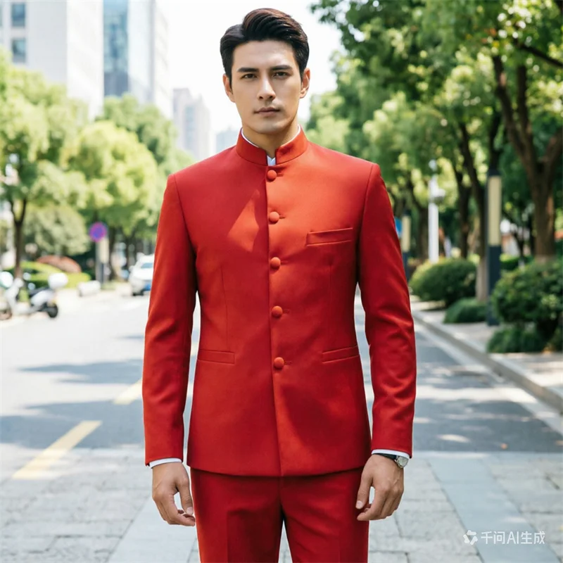 

New Men's Red Zhongshan Suits - Traditional Chinese Stand Collar Blazers Jacket and Pants for Performance, Wedding or Festival