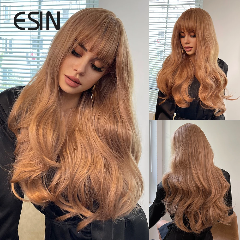 

ESIN Synthetic Blonde Long Curly Wig with Bangs Fluffy Wigs for Women High Temperature Daily Cosplay Hair