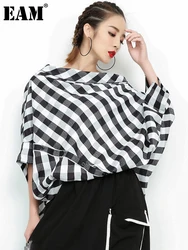 [EAM] Women Black Plaid Big Size Blouse New Slash Neck Threequarter Sleeve Loose Fit Shirt Fashion Spring Autumn 2024 1DF474401