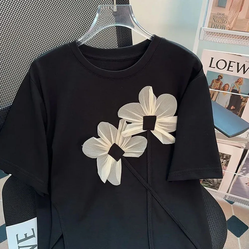 Teen Girls Black T-Shirt Women Short Sleeve Tops With 3D Flower Spring Summer Female Clothes Casual Loose Irregular Split Tees