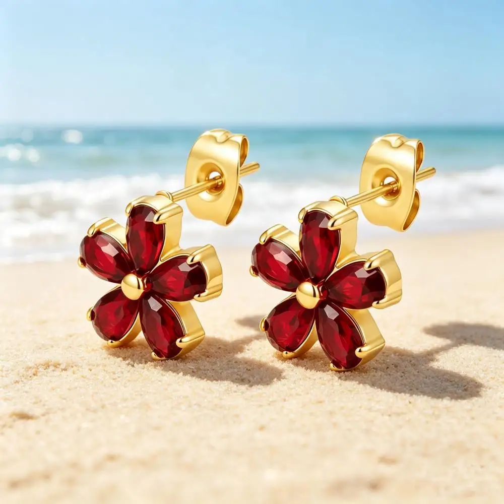 Stainless Steel Stud Earrings For Women Gold Color Female Red Blue Pink Zircon Flower Wedding Small Ear Studs Party Jewelry Gift