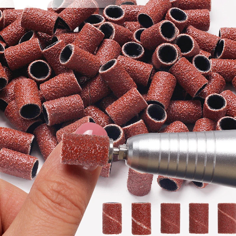 210/100Pcs Sanding Cap Bands For Electric Manicure Machine 180/120/80 Grit Nail Drill Grinding Bit Files Nails Pedicure Tool Set