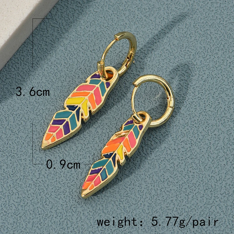 Cute Colorful Enamel Leaf Cactus Plant Shape Gold Color Hoop Earrings For Women Girls Oil Drip Boho Vintage Earings Jewelry Gift