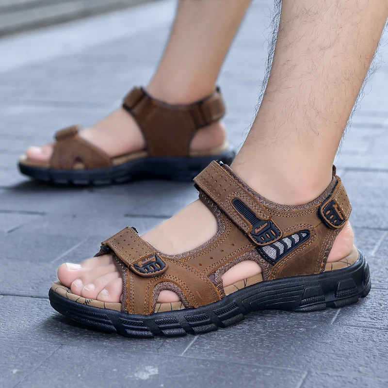 Men Casual Sandals Outdoor Breathable Beach Vacation Shoes Anti-slip Wearable Leather Sandals Lightweight Men Sandals Size 38-46