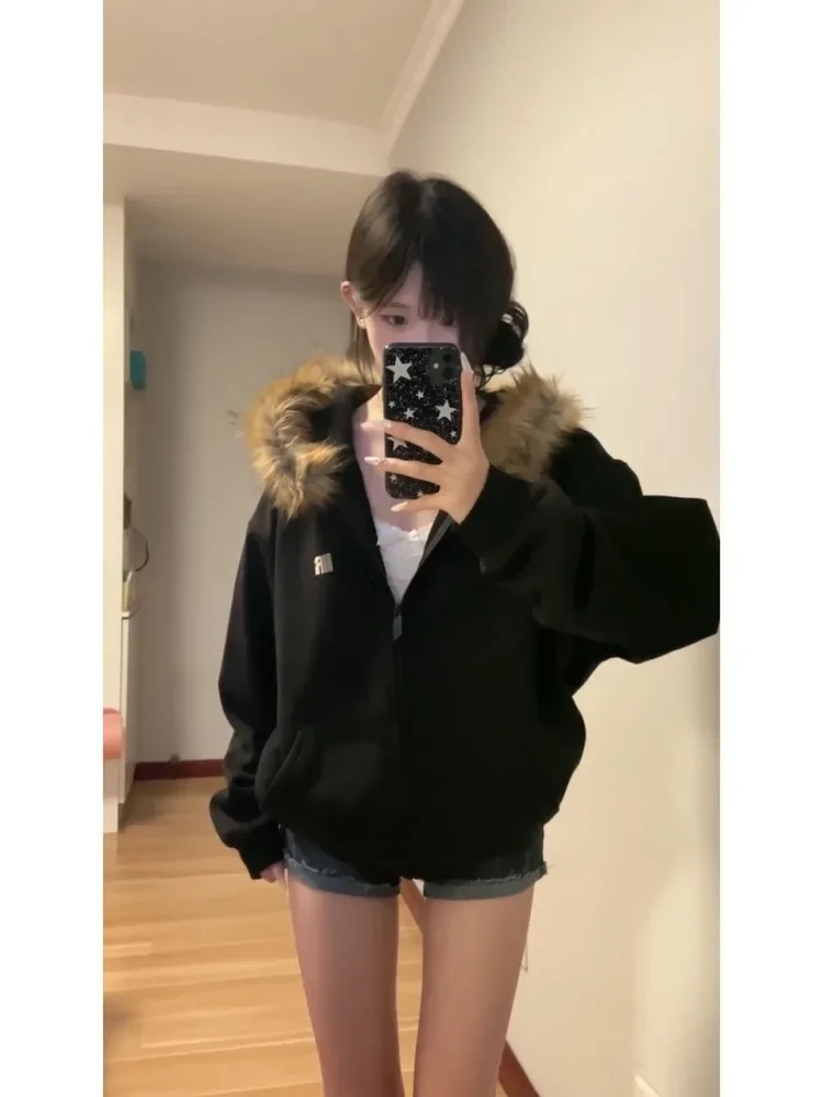 Deeptown Women Black Zip Up Hoodies Vintage Korean Preppy Style Faux Fur Coat Oversized Casual Sweatshirt Harajuku Autumn Winter