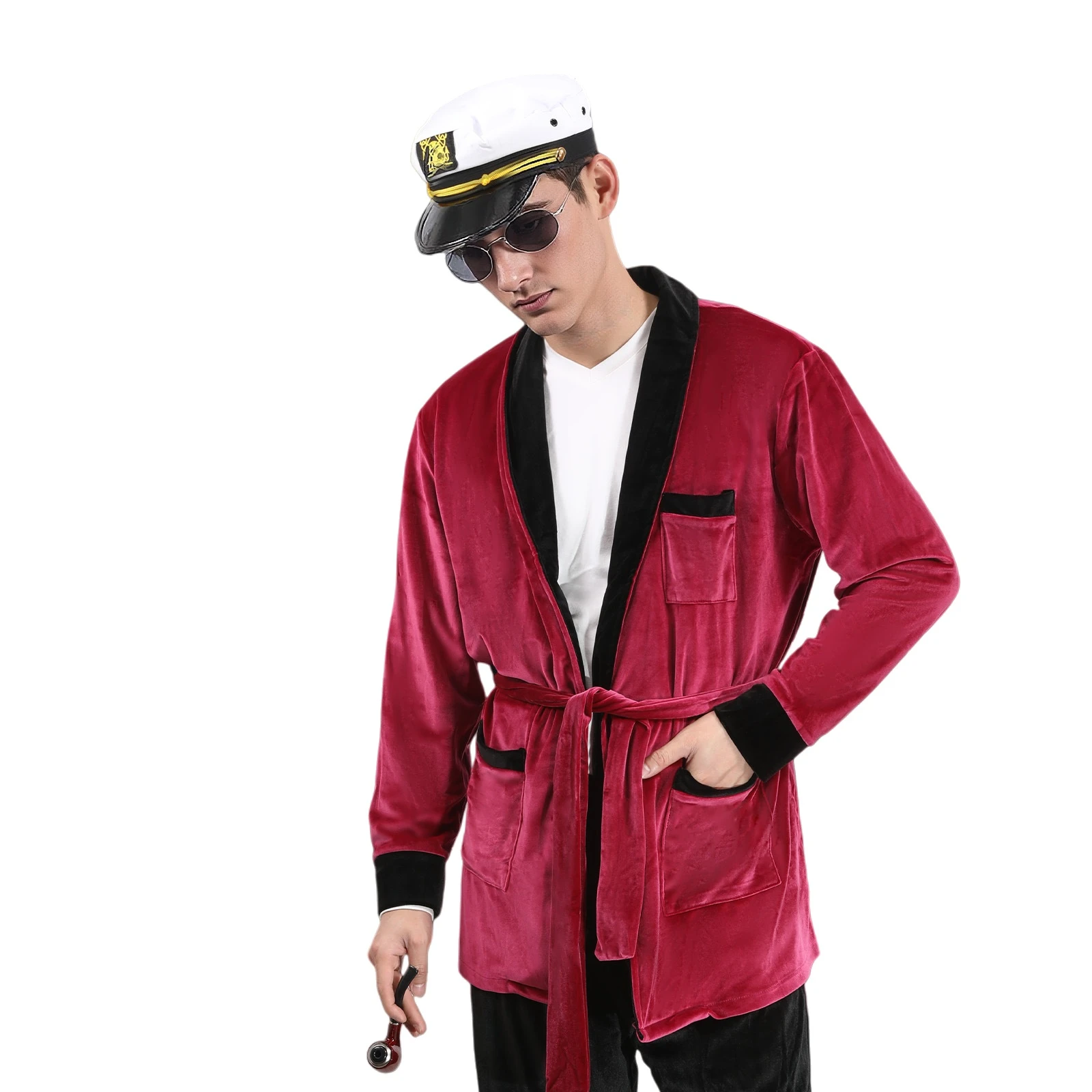 

Men Flannel Red Nightgown Thickened Navy Home Suit Set with Captain Hat Glasses Halloween Costume Accessories for Adults