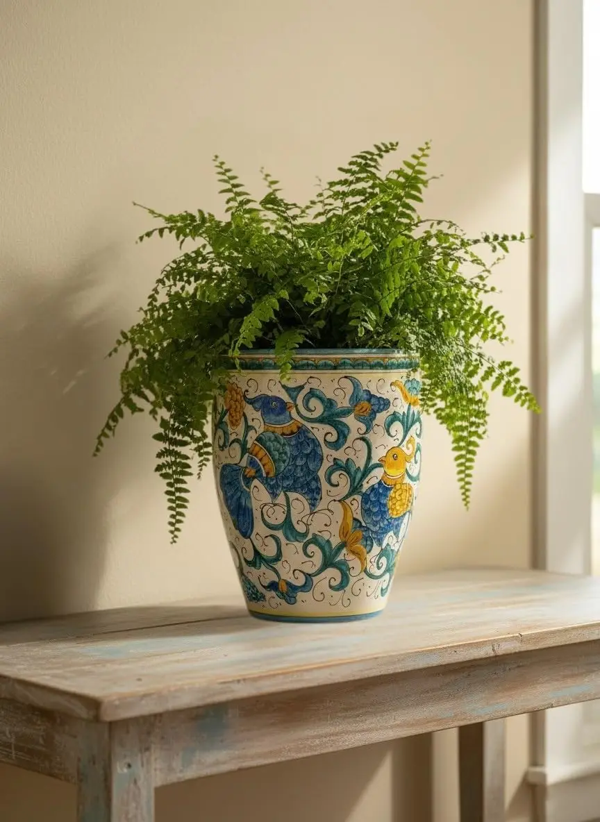 -Italian Ceramic Cachepot Vase Flowerpot Planter Art Pottery Indoor/Outdoor Hand Painted Pattern Birds Made in Italy Tuscan