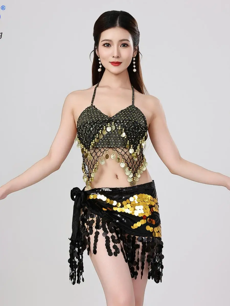 

Новый костюм для танца живота, комплект с юбкой для выступления на сцене, бюстгальтер, юбка с кисточками на Хэллоуин, яркий наряд с блестками, женская мода