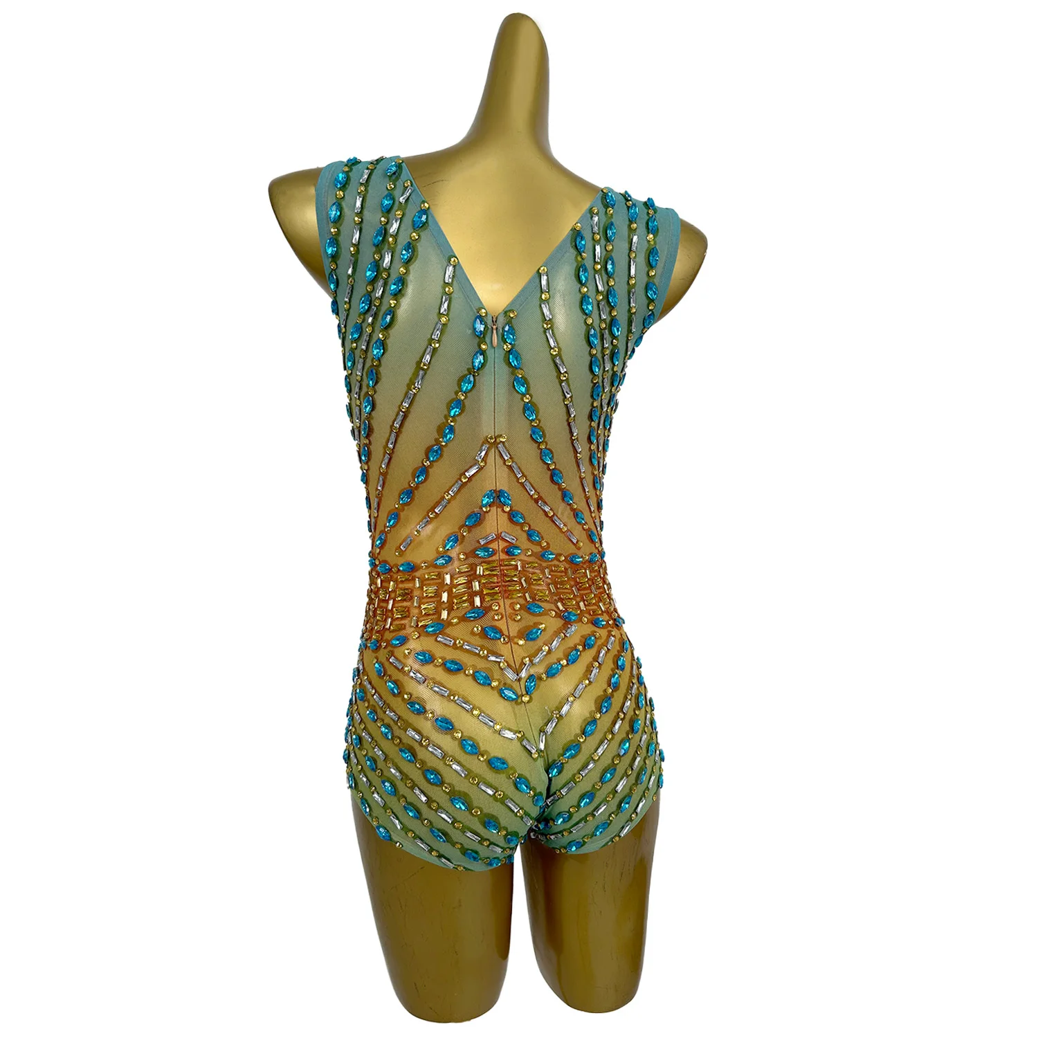 Sitiao Tuta colorata con strass da donna Vedi attraverso pantaloncini attillati in rete Pole Dance Acrobazie Costume Beach Pool Party Costume