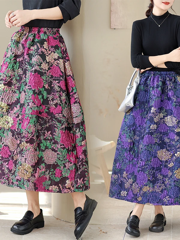 Coreano Japonês High End Emed Floral f Saia Feminina Solta Cintura Alta Midi Saia Bloom Saia Commute Sle Longo Outono...