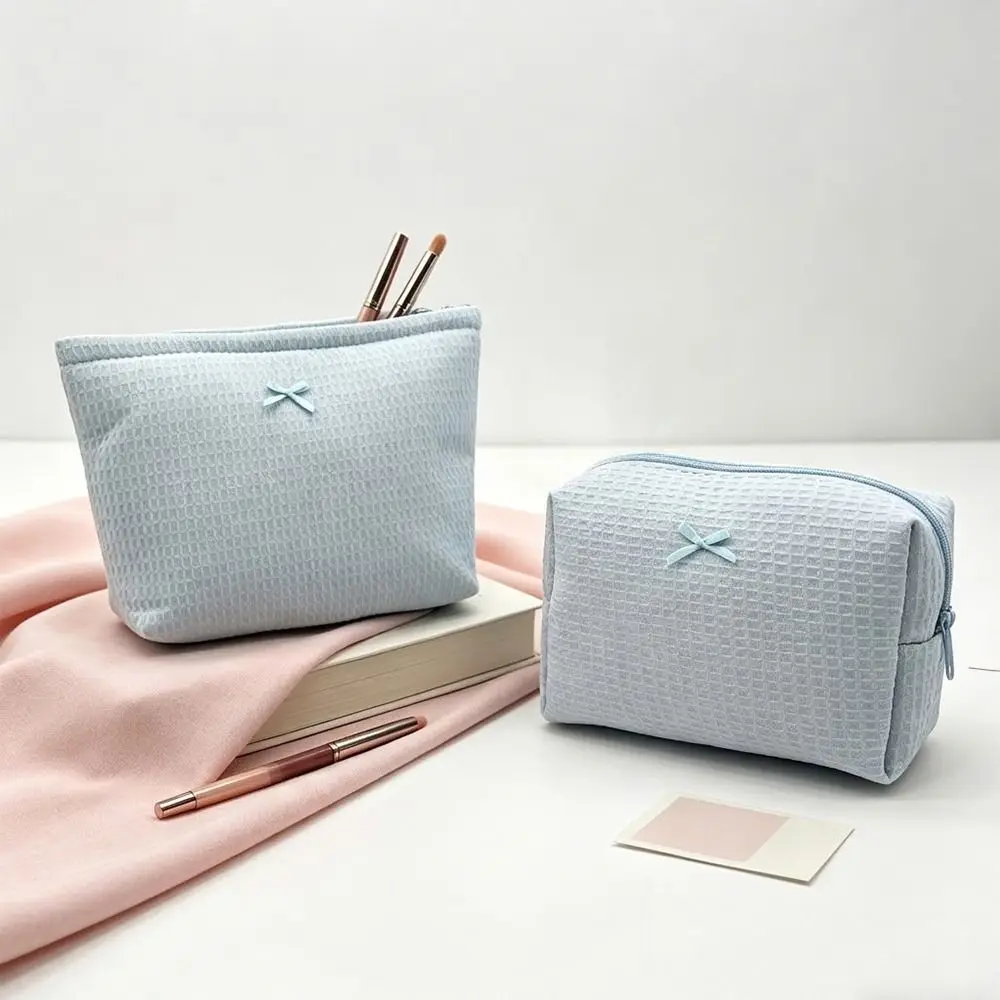 1pc Sweet Waffle Knit Makeup Bag Bow Large Capacity Cosmetic Bag Makeup Pouch Women Girls