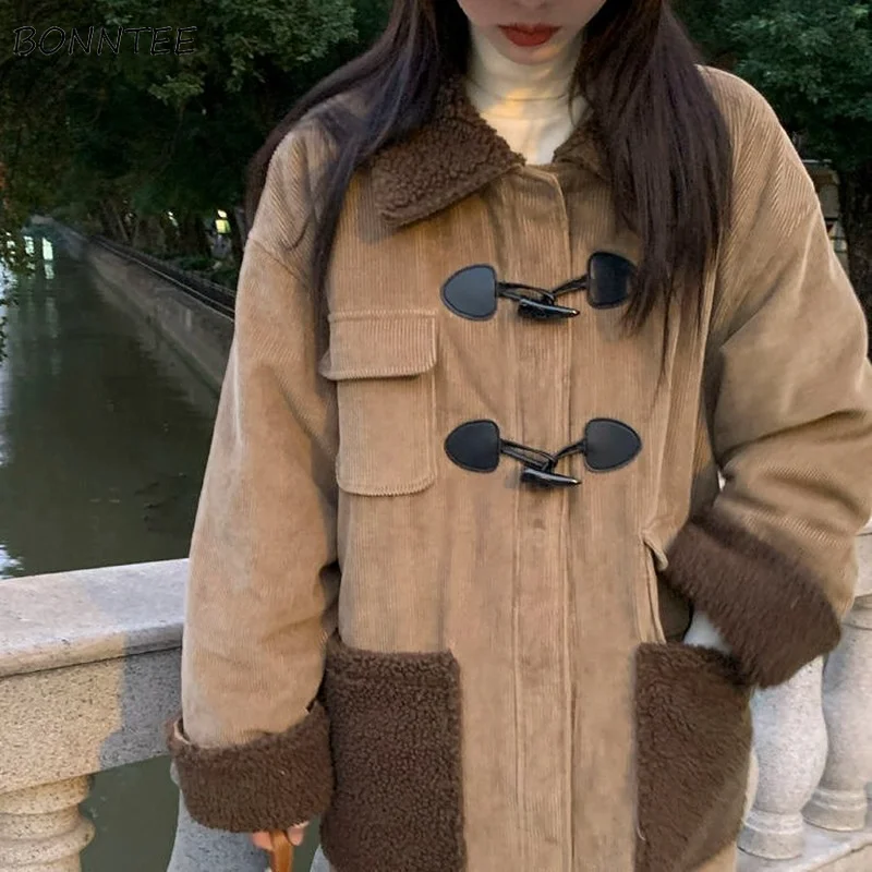 

Parkas Women Casual Warm Winter Thicken Girlish Horn Button Medium-long Daily Vacation All-match College Outwear Korean Style