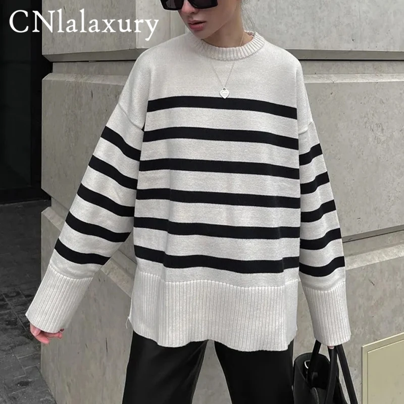 2023 New Autumn Winter Women Sweater Pullover Long Sleeve Round Neck Ladies Striped Knit Fashion Retro Casual Wear Jumper