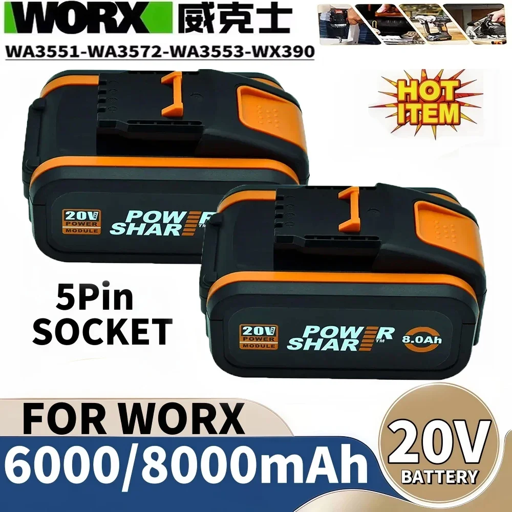 Batterie 8000mAh pour outil électrique sans fil Worx WA3553/WA3551 20V, batterie WA3572 WA3553 WX390 WX176 WX178 WU268, batteries de rechange