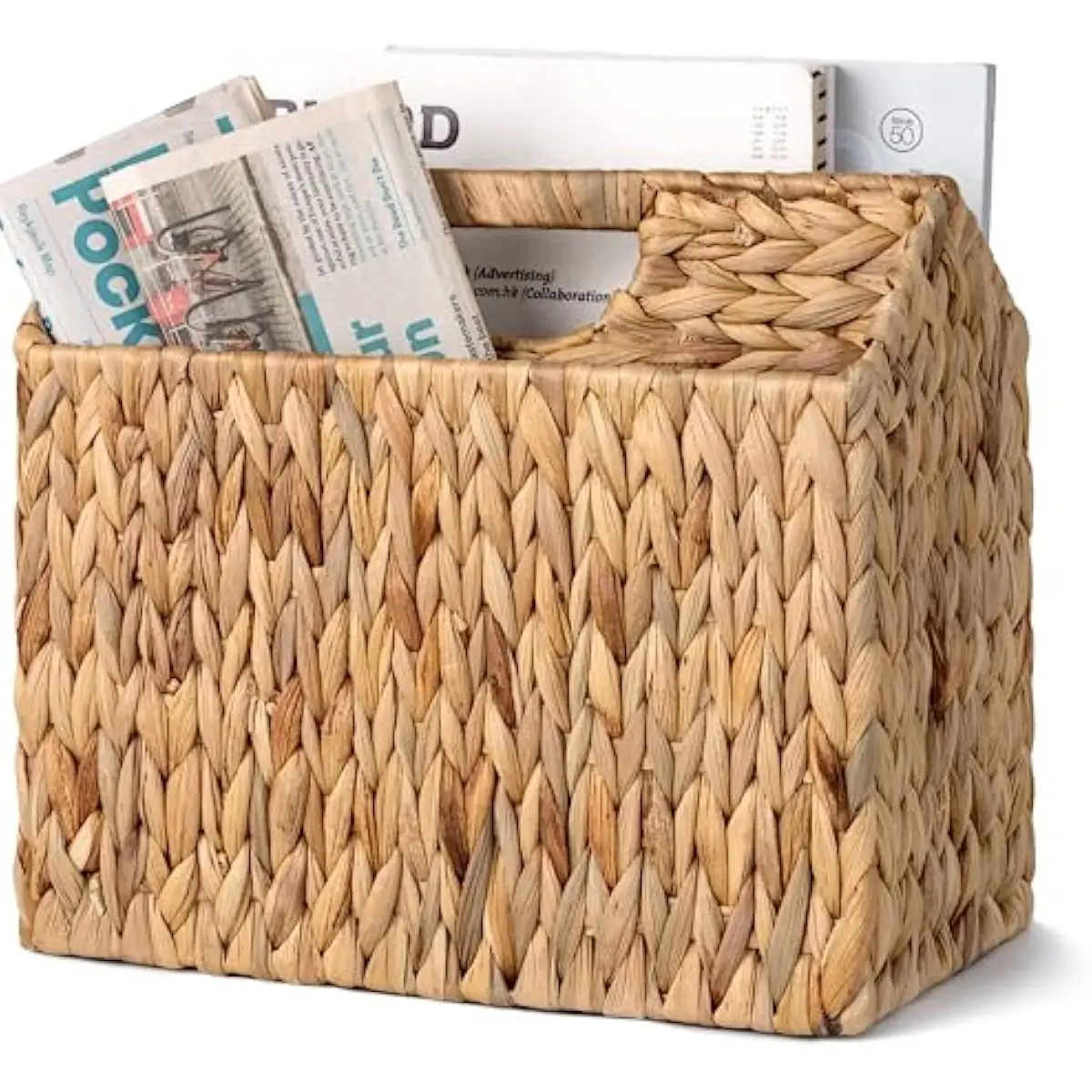 Handwoven natural water hyacinth storage basket with dual compartments and integrated carry handles for magazines books tablets