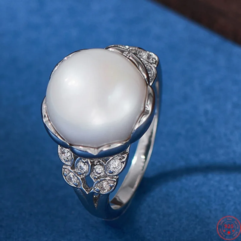 

S925 Sterling Silver Rings for Women New Fashion Leaves Full of Zircon Inlaid Freshwater Pearls Punk Jewelry