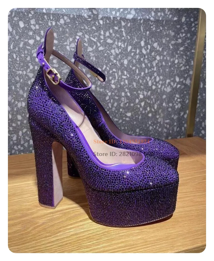 

Sexy Diamonds Wedding Shoes for Women Thick High Heel Platform Pumps Banquet Chunky Heeled Shoes