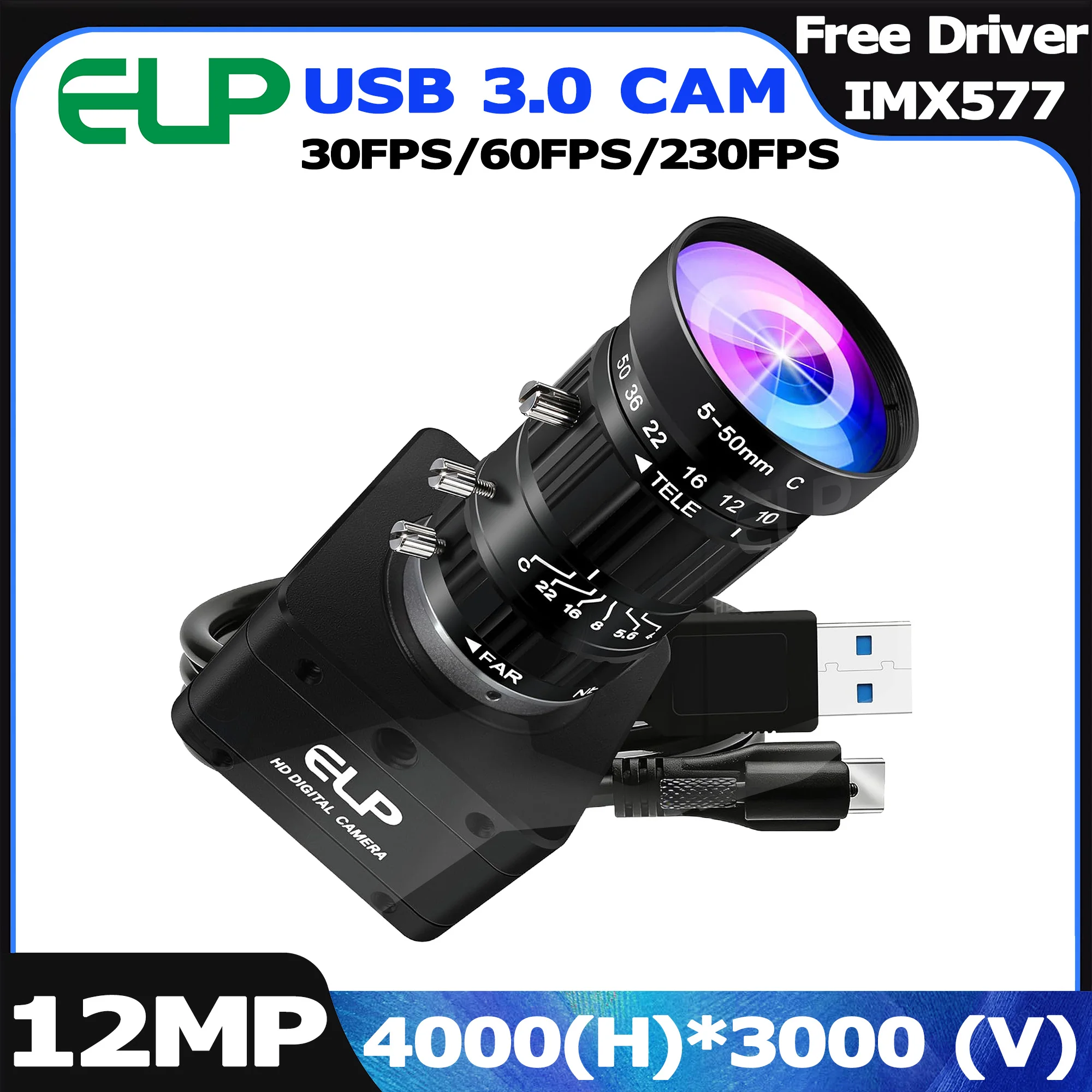 ELP 12MP 4000x3000 USB 3.0 Webcam IMX577 4K 60FPS/1080P 230FPS High Frame Rate USB PC Camera with CS 3X/5X/10X Manual Zoom Lens
