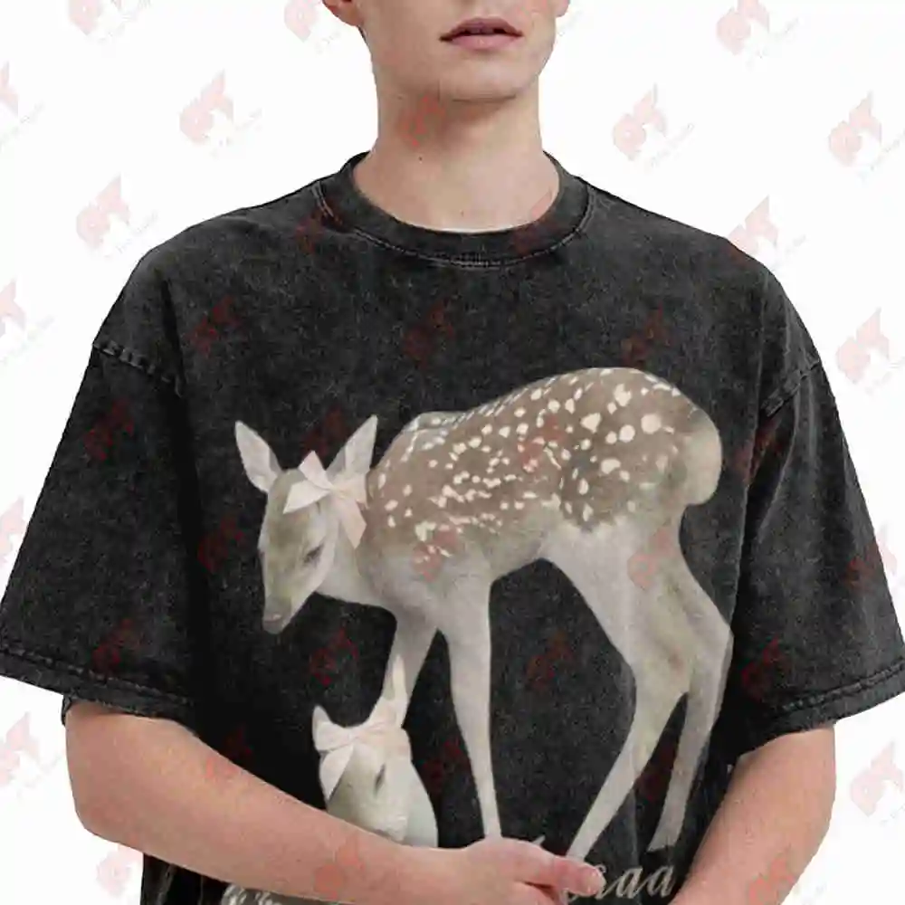 Cute Deer Y2K Trendy Vintage Washed Tee Pure Cotton T-Shirt