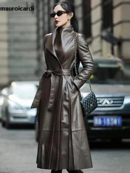 Mauroicardi Spring Long Black Soft Skirted Pu Leather Trench Coat for Women Sashes Elegant Luxury Plus Size Clothes 5xl 6xl 7xl