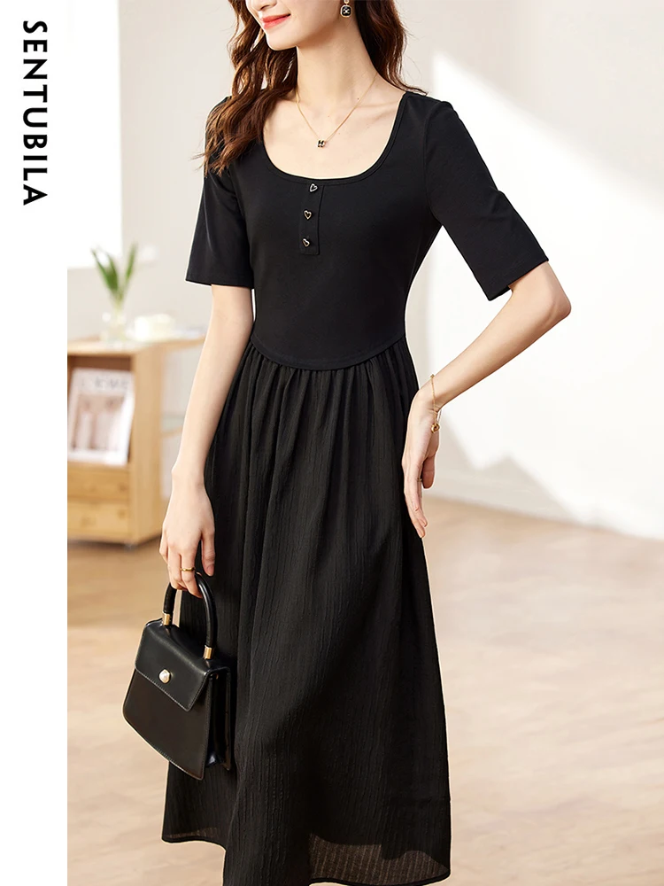 

SENTUBILA Black Dress for Women A-Line Spring Summer Fashion Square Collar Formal Occasion Dresses Female Clothes 121L39538