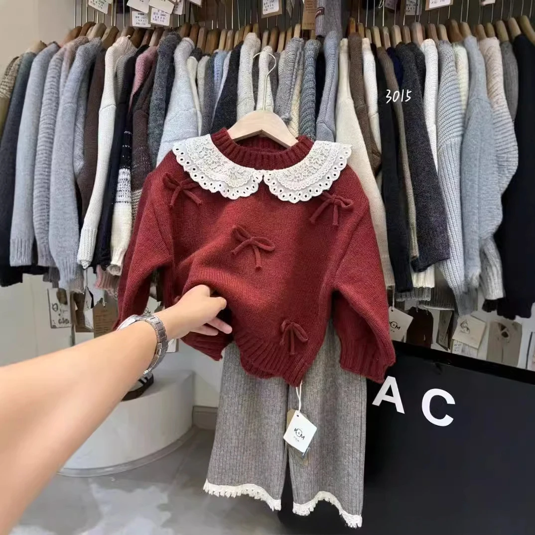 

Children's tops size 110-150 2024 autumn Korean version casual lace sweater winter baby girl clothes