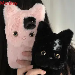 3D Cute Warm Fur Cat Case iphone 15 pro For iPhone 16 Pro Max 14 Plus 13 12 11 XS XR Furry Fluffy Plush Soft Silicone Back Cover