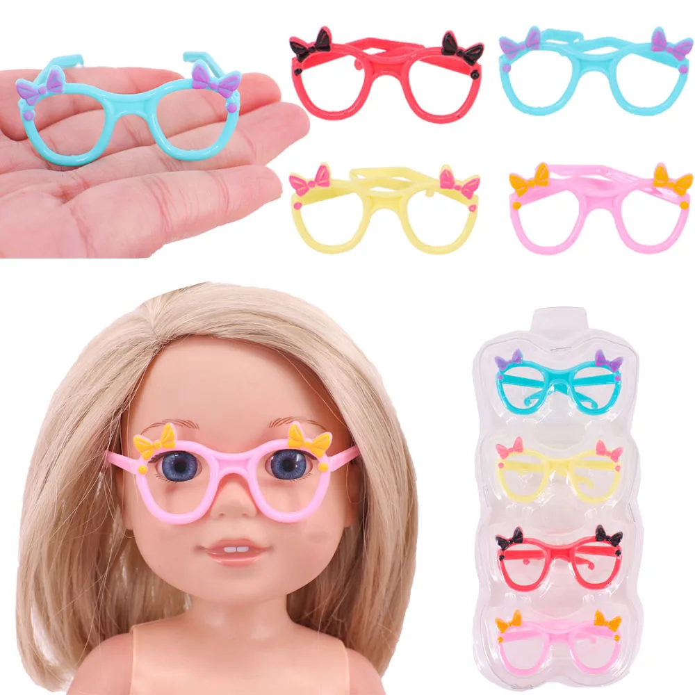 4Pcs Cute Cat Shaped Glasses Bow Multicolor Eyeglass Frame for 14inch Wellie Wisher&Paola Reina Doll Nancy Clothes Accessories