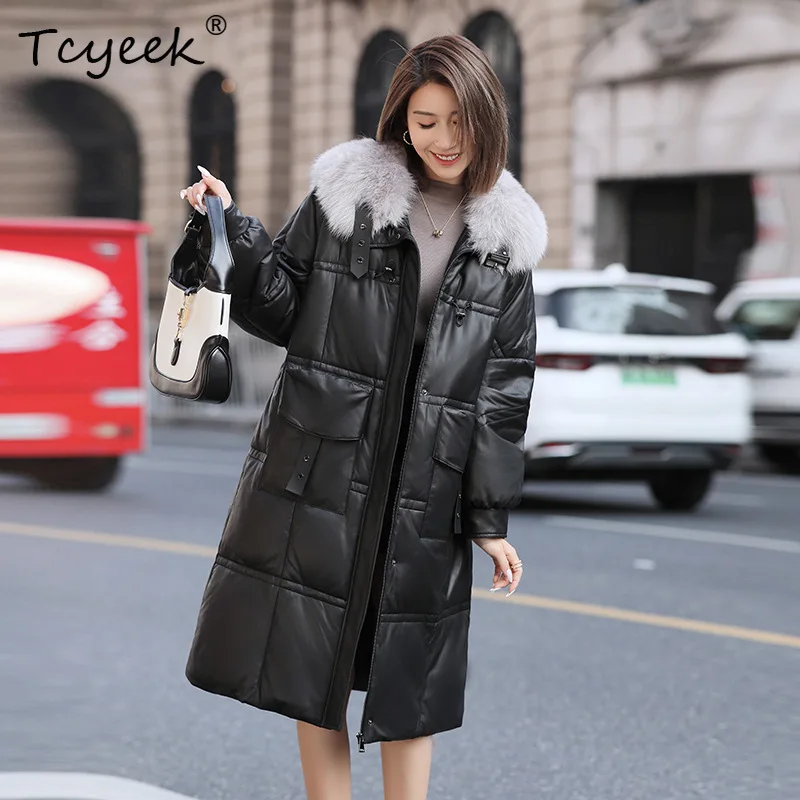 Tcyeek جلد الغنم الحقيقي الخريف الشتاء الأبيض بطة أسفل أسود متوسط طويل المرأة سترة جلدية حقيقية Жensarska Kostangnya Kursatka