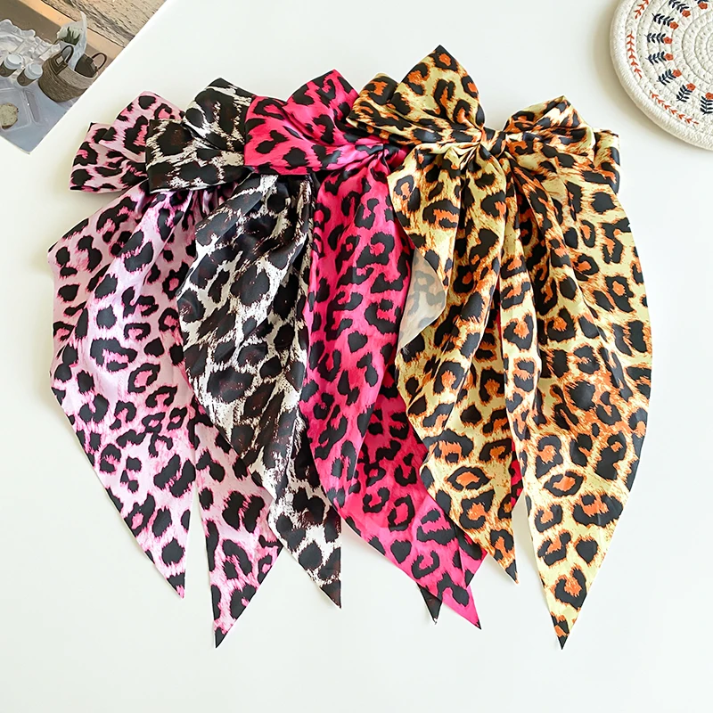 AISHG Leopard Print Bow Ribbon Hair Clip Women Fashion Bowknot Satin Hairpin Barrettes Girls Ponytail Clip Hair Accessories