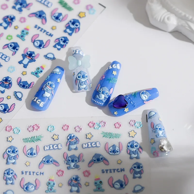 Disney Stitch Relief Nail Art Sticker Cute Anime Cartoon Fashion Women Nail Art Decorations Nail Supplies Ornaments Holiday Gift