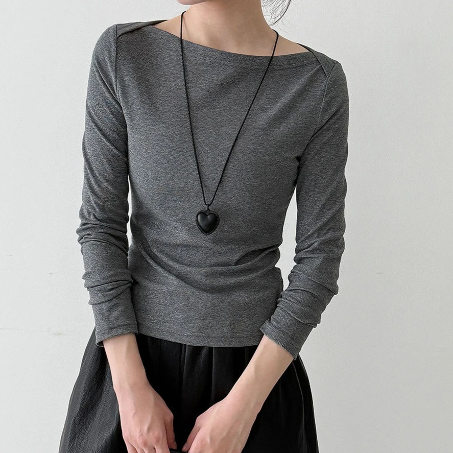 

Women T Shirts Tops Solid Tees Long Sleeves Slash Collar Slight Strech Wide Waisted Slim Fit Office Lady Casual 2026 Spring