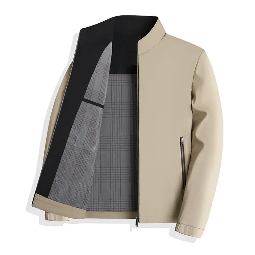 

Men Jacket Stand Collar Long Sleeve Solid Color Plaid Lining Jacket Coat Pockets Zipper Placket Casual Outwear Men Zip-up Coat