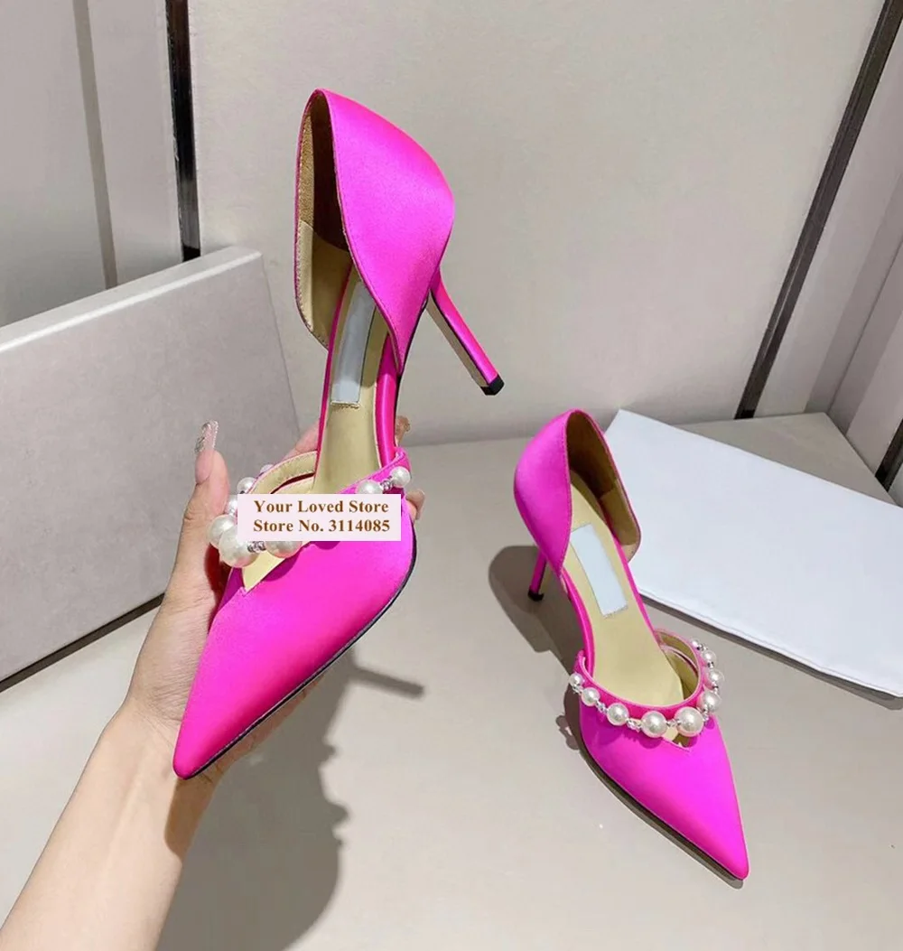 

Women Fuchsia Pink Satin White Pearl Chain Strap Wedding Shoes Thin High Heel Pointed Toe Shallow Dress Pumps Summer Shoes US10