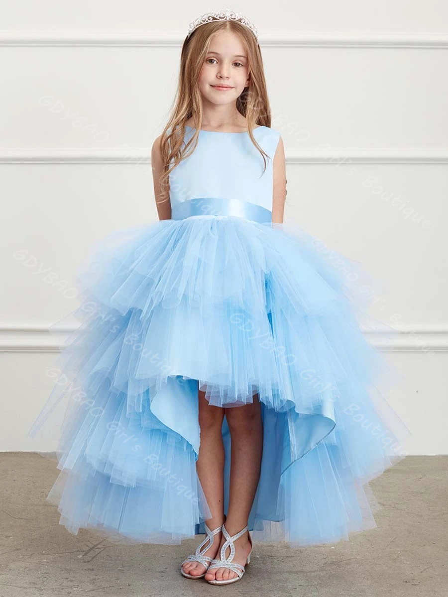 맞춤형 웨딩 플라워 걸 드레스 티어드 튤 하이로우 프린세스 파티 드레스 리본 포함 2-14세 어린이 생일 파티 볼 가운