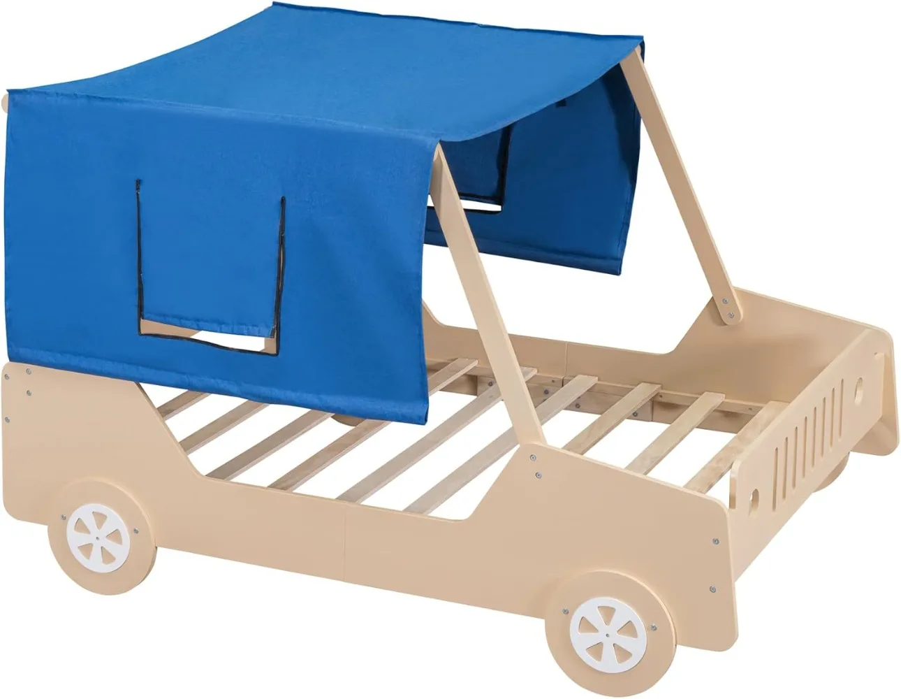 Cama de coche de tamaño completo para niños con dosel y ruedas, marco de cama de madera con rejilla de seguridad, diseño de Base elevada, fácil de montar, niños pequeños