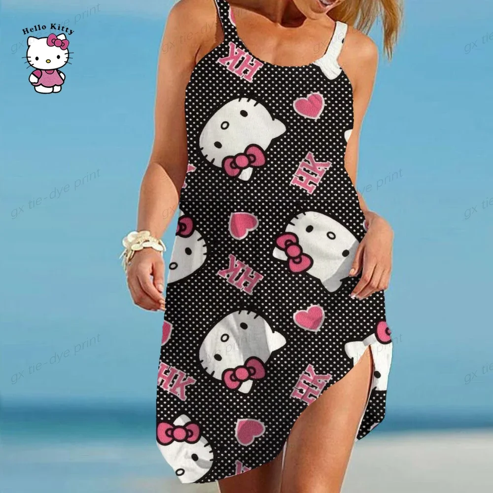 Hello Kitty Print Women Loose Beach Dress Summer Boho Sleeveless Big Swing Dresses Sexy Casual Spaghetti Strap Mini Dress Y2K